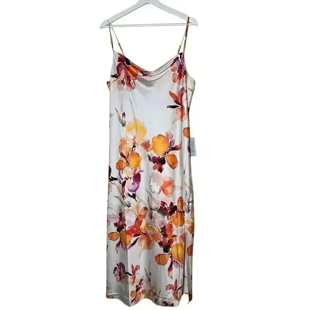 NWT Socialite Satin White Orange Floral Print Cowl Neck Midi Slip Dress XL
